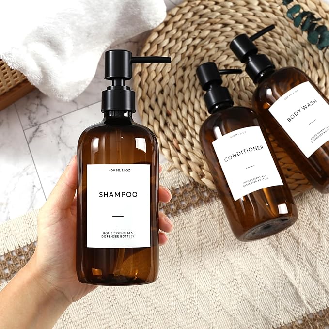 HOMCDALY Shampoo and Conditioner Dispenser, 21oz 3-Pack Refillable Shampoo and Conditioner Bottles, Shower Soap Bottles with Pump and Labels, Bathroom Shower Dispenser（21oz-Brown）