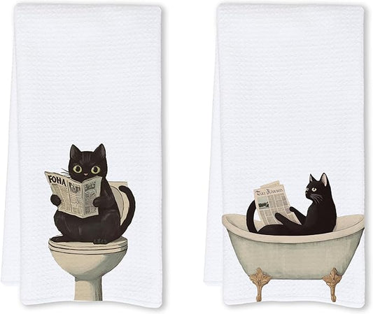 Cabana Bro Funny Black Cat Bathroom Hand Towels, Black Cat Gifts, Funny Kitty Read Newspaper Decorative Hand Towels for Kids Bath Room Washroom Spa Dorm, 16x24 Inch Set of 2