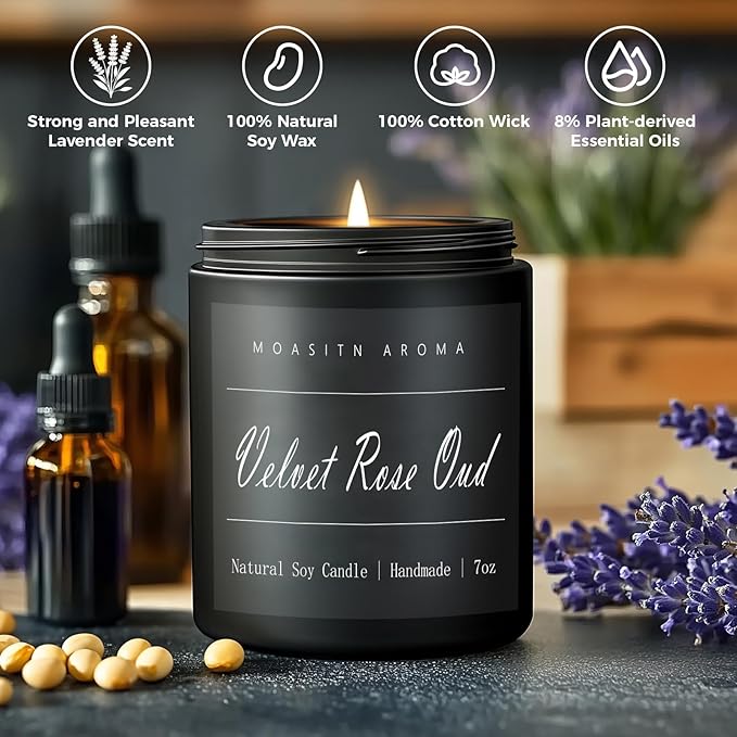 MOASITN Velvet Rose Oud Highly Scented Candles for Home| Natural Soy Aromatherapy Candle| Handmade Long Lasting Jar Candle| Candel Gift for Men,Women as Birthday,Housewarming,Relaxing Gifts| 7oz