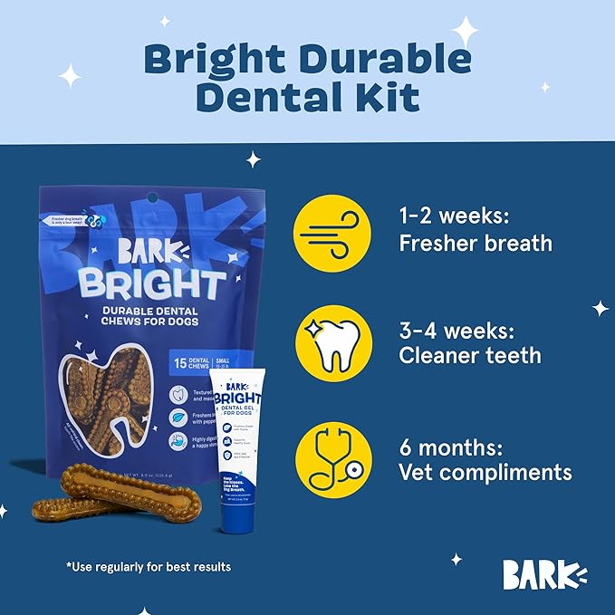 Barkbox Bright Durable Dog Dental Kit for Tough Chewers, Toothpaste - Small Breeds (15 Chew Sticks)