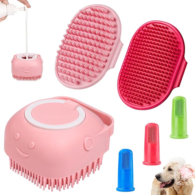 Comotech 6PCS Dog Bath Brush & Dog Toothbrush | Adjustable Handle Shampoo Brush & Scrubber for Short & Long Haired Dogs & Cats | Effectively Solve Odor & Stain Removal Problems (Pink Red Pink)