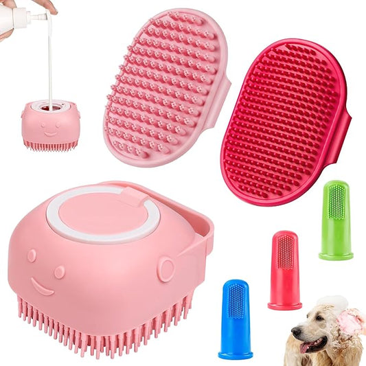 Comotech 6PCS Dog Bath Brush & Dog Toothbrush | Adjustable Handle Shampoo Brush & Scrubber for Short & Long Haired Dogs & Cats | Effectively Solve Odor & Stain Removal Problems (Pink Red Pink)