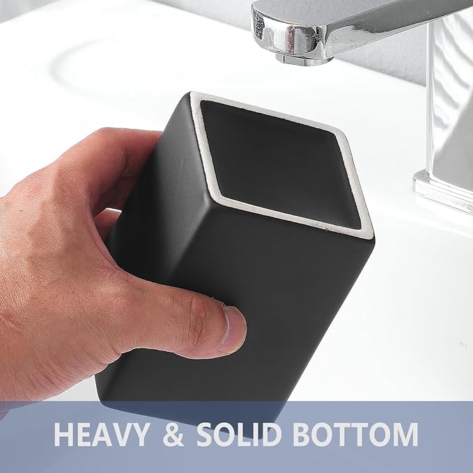 Black Square Toothbrush Holders for Bathrooms - 2 Cups Ceramic Square Toothbrush Toothpaste Holders Set, Bathroom Tumbler Cups Reusable Toothbrush Mouthwash Cup, Bathroom Counter Organizer.