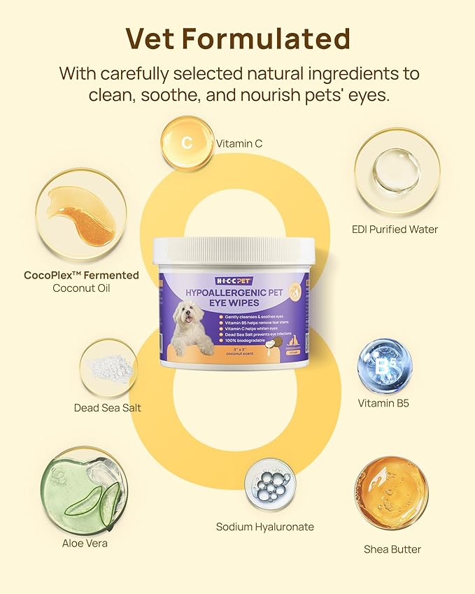 HICC PET Eyes Wipes for Dogs & Cats, Vet-Recommended Dog Eye Infection Treatment, Gently Remove Tear Stain, Debris, Discharge - Hypoallergenic Pet Eye Wash Cleaner for Eyes, Wrinkle, Face - 200pcs