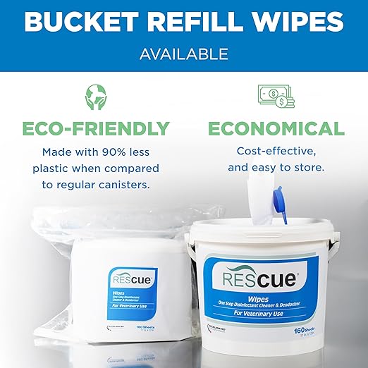 REScue One-Step Disinfectant Cleaner & Deodorizer Wipes for Vet Use – Cleaner for Kennels, Litter Boxes, Vet Offices, Pet Grooming Surfaces – Extra Large Wipes, 160-Count Bucket Refill (4 Pack)