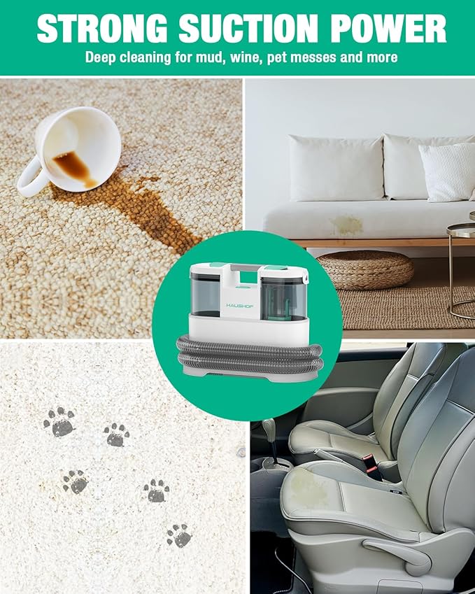 HAUSHOF Portable Carpet Spot and Upholstery Cleaner, 12Kpa Lightweight Deep Couch Cleaner Machine Powerful Suction for Pet Stains, Couch, Rug, Car Seats, Narrow Spaces, Spot & Stain Cleaner Included