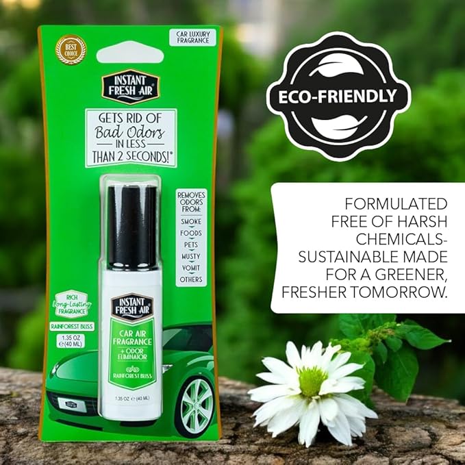 2-Pack: Dual-Action CAR AIR Freshener Rainforest Bliss -Instantly Eliminates Odors from Smoke, Food, Pets in 2 Seconds - For Commuters, Pet Owners, Rideshare Drivers 1.35 Oz. - INSTANT FRESH AIR