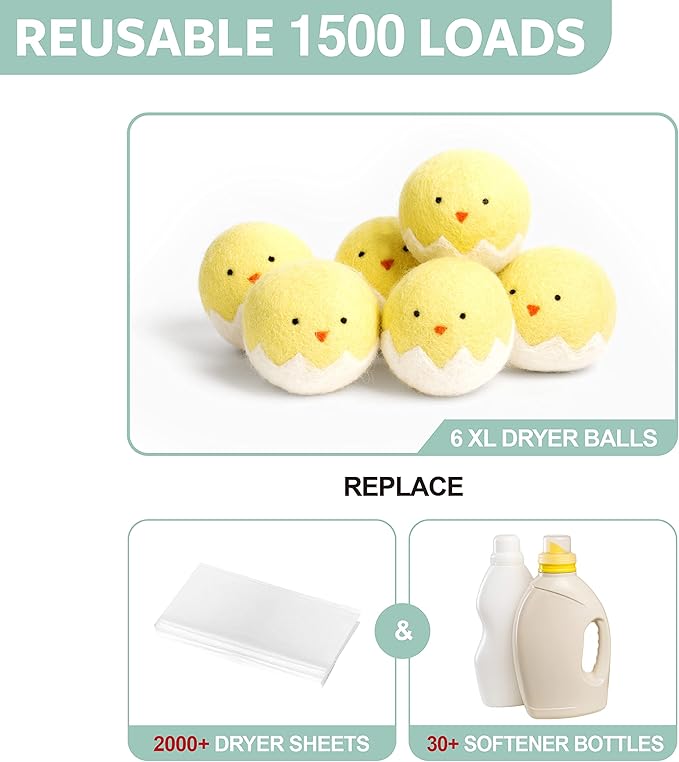Calindiana 100% Organic Premium New Zealand Wool Dryer Balls Laundry Reusable Fabric Softener, Cute Dryer Sheets Alternative, Anti Static XL Size 6 Pack, Yellow Chick
