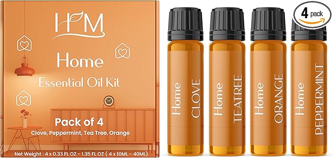 HM Home Essential Oil Kit – 4 Pack (Clove, Peppermint, Tea Tree, Orange) | Aromatic Blends for Relaxation, Refreshing Home Scents, and Natural Wellness – 1.35 FL OZ Each