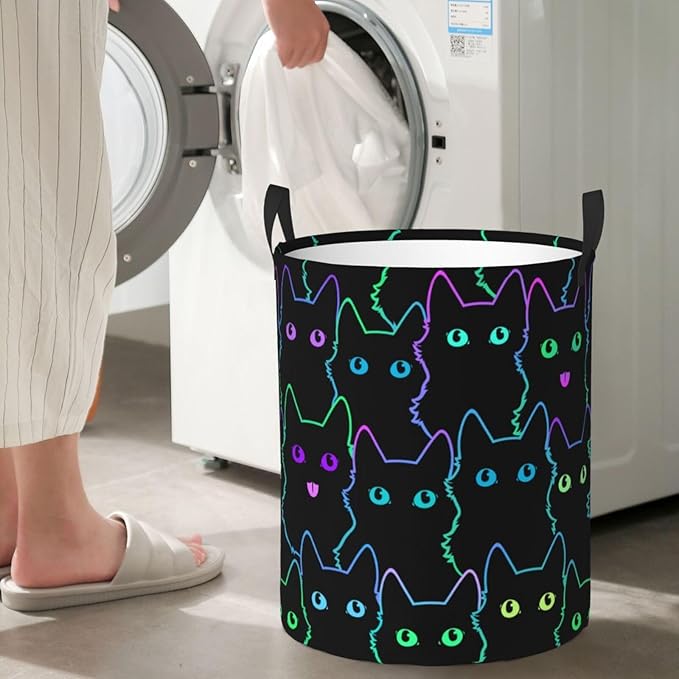 Funny Black Cats Laundry Hamper Bag With Waterproof Liner - Cute Animal Silhouettes Round Laundry Basket Foldable Clothes Storage Organizer For Bathroom Bedroom Nursery Dorm, M-19.6"X 15.7"
