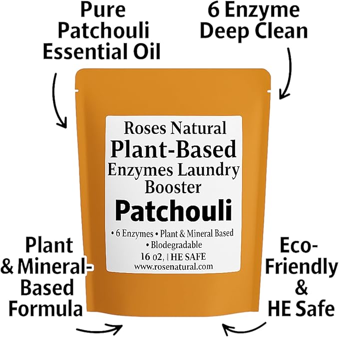 | Natural Enzyme Laundry Booster – Patchouli | 6 Enzymes | Deep Clean System | Earthy Essential Oil Scent, Biodegradable, HE Safe, Eco-Friendly Laundry Additive | 16 oz | Made in USA