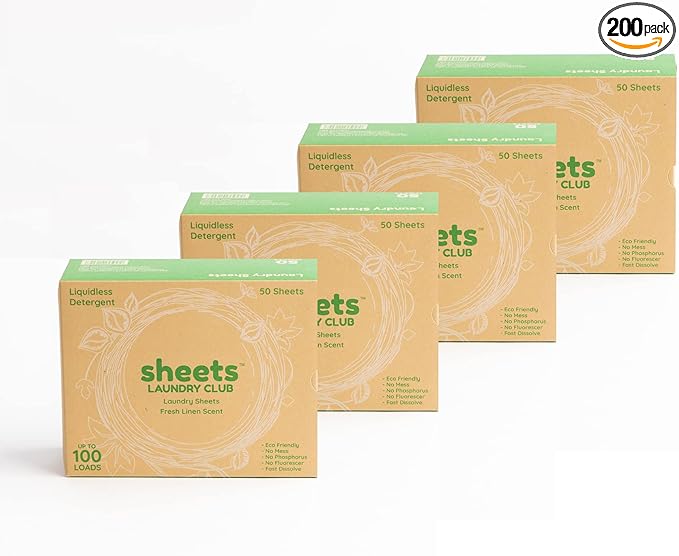 Sheets Laundry Club - Liquidless Laundry Detergent Sheets, 400 Loads - Fresh Linen Scent, Eco-Friendly, Quick-Dissolving Formula, Hypoallergenic, Septic Safe, Plastic-Free Packaging - 200 Sheets