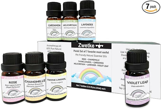 Premium Pet-Friendly Essential Oils Gift Set – 7 Natural Aromatherapy : Rose Chamomille Thyme Linanol Cardamon Helichrysum Lavender Violet Leaf – Safe for Dogs, Cats & Family – Relaxation & Diffuser