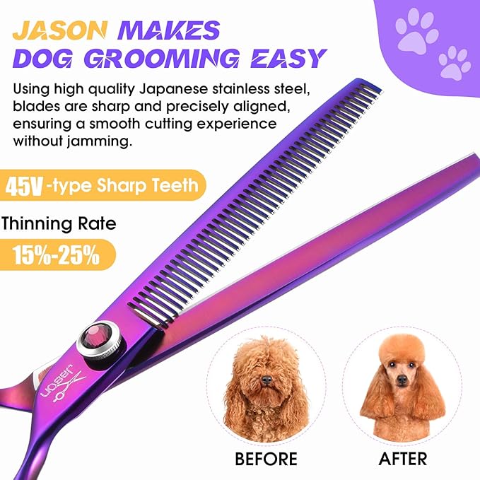 JASON Dog Scissors for Grooming - 7.5" Thinning Scissors for Dog Grooming, Japanese 440C Stainless Steel Blender Shears with Diamond Adjustable Screw (45 Teeth, Purple)