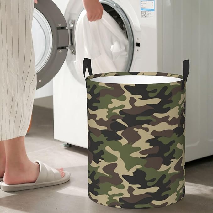 Green Camouflage Laundry Hamper Bag With Waterproof Liner - Military Camo Round Laundry Basket Foldable Clothes Storage Organizer For Bathroom Bedroom Nursery Dorm, M-19.6"X 15.7"