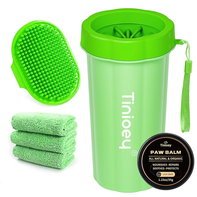 Paw Cleaner for Large Dogs with 3 Towels & Bath Brush, Muddy Foot Washer for Pets (Green)