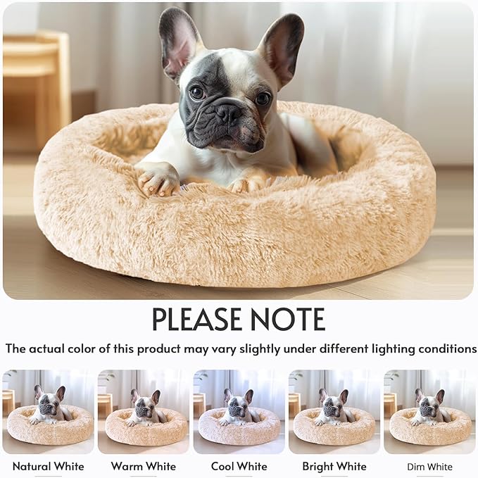 JOLLYVOGUE Small Dog & Cat Beds for Indoor Cats, Donut Cuddler Warming Soft Dog Beds with Anti-Slip Bottom, Round Calming Fluffy Plush Faux Fur Cushion Bed for Small Dogs (23", Off White)