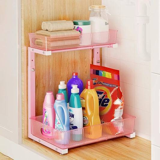 Under Sink Organizer, Under Sink Organizers and Storage with Adjustable Height and PET Basket, Pull Out Under Cabinet Organizer for Counter Kitchen, Vanity, Laundry, Pantry (1Pack)