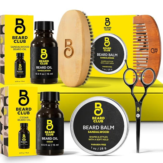 The Beard Club Beard Kit for Men - Grooming & Care Kit - Cedar & Sandalwood Oil, Sandalwood Balm, Boar Bristle Brush, Comb, Trimming Scissors - Dad Gift Set
