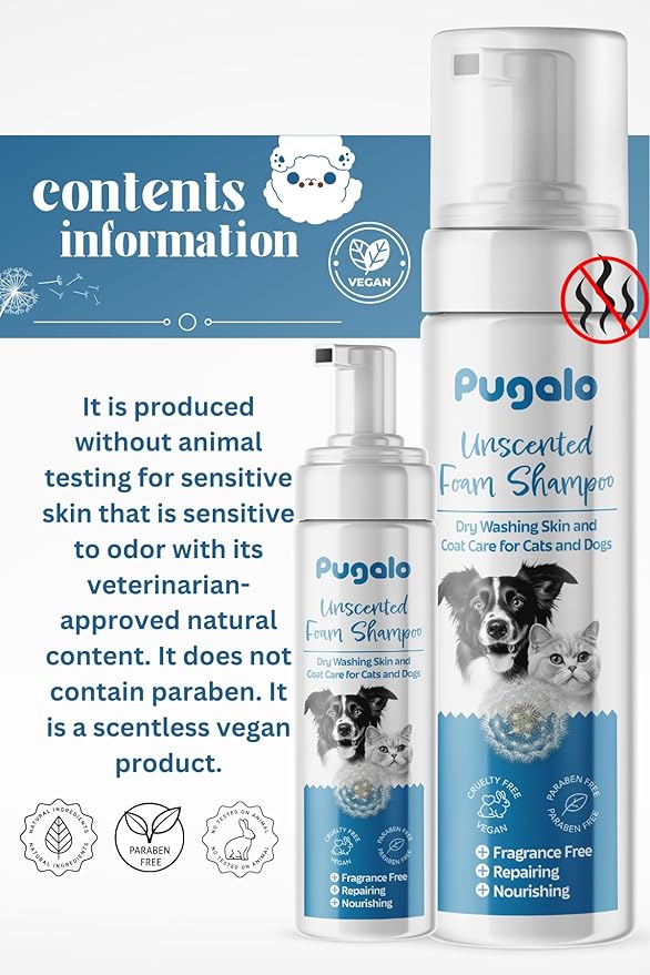 Waterless Cat & Dog Shampoo – 200ml (6.76oz) Unscented Dry Foam Cleanser & Conditioner – No-Rinse Deshedding Shampoo for Smelly Pets