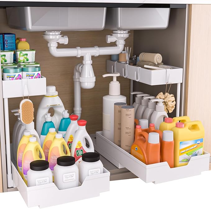 2-Tier Under Sink Organizers and Storage 2 Pack Sliding L-shape Under Cabinet Organizers For Narrow Space Multi-purpose Sink Organizer for Bathroom Kitchen Drawer(White 2 Pack)
