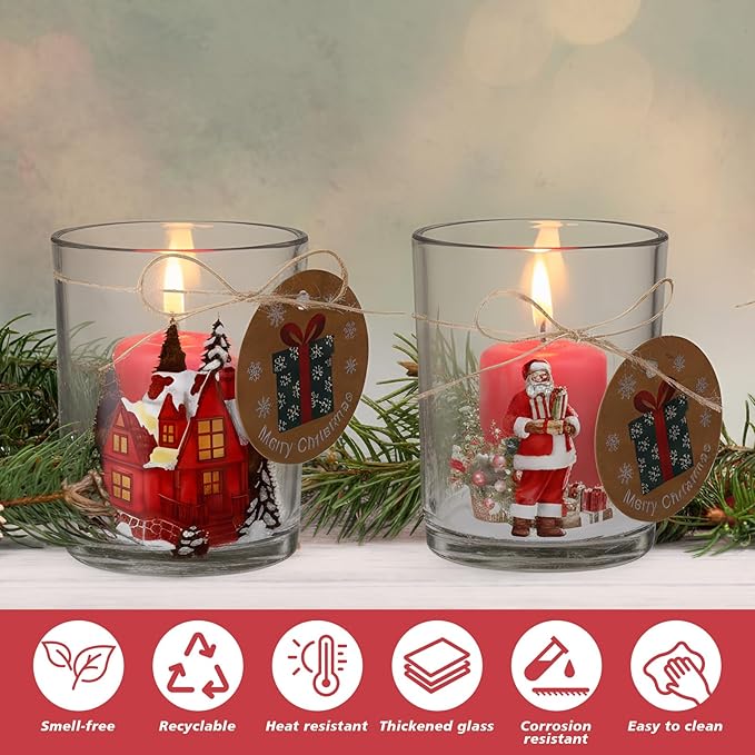 12 Pack Christmas Santa Claus Clear Candle Jars for Making Candles 7 oz Empty Glass Jars with Wood Lids and Blessing Card Snowman Candle Containers for DIY Gifts Home Tea Party Holiday Decor