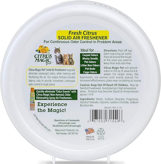 Citrus Magic Pet Odor Absorbing Solid Air Freshener for Home, Air Purifier, Fresh Citrus, Must have Pet Supplies, 8 Oz (Pack of 3)