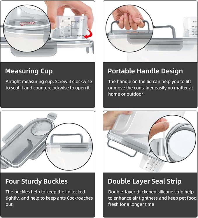 (3+5LBS 2Pack Cat Dog Food Storage Container Upgraded Large Nozzle BPA-free, Plastic Pet Food Containers, With 4 Sealed Clasps/1 Measuring Cup/Handle Easy Clean and Carry (Clear Grey)