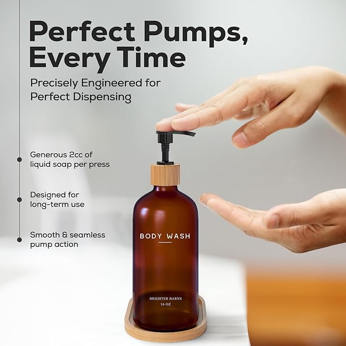 Amber Shampoo and Conditioner Dispenser Set by Brighter Barns - Refillable Plastic Shower Dispenser for Bathroom - Body Wash and Shampoo Bottles with Tray - Boho Decor for Airbnb, Hotel, Gift (Amber)