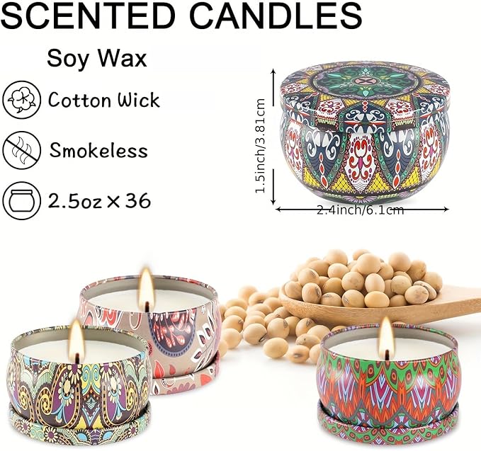 Scented Candles Gifts Set of 36 – 2.5oz Aromatherapy Travel Tin Candles, Relaxing Fragrances for Home, Spa, Gifts for Family, Friends, Teachers, Thank You Presents (Assorted Scents).