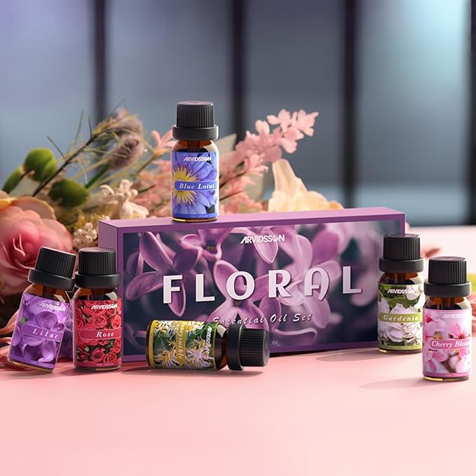Floral Essential Oils Set, ARVIDSSON Flower Fragrance Oil for Candle Making - Rose, Gardenia, Cherry Blossom, Honeysuckle, Lilac, Diffuser Scented Oil Gift for Women