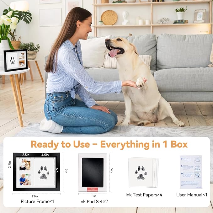 Paw Print Kit for Dogs & Cats, Inkless Pads (2), Reversible Stand/Wall-Mount Frame, Pet Paw Impression Gift Set (Black)