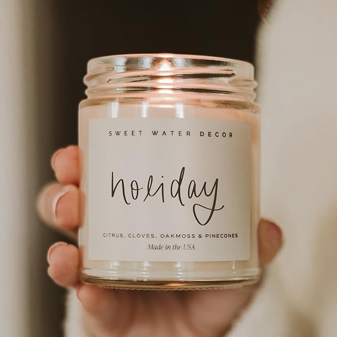 Sweet Water Decor Holiday Candle - Cloves, Pine, and Sandalwood Festive Winter Scented Soy Candles for Home - 9oz Clear Jar, 40 Hour Burn Time, Made in The USA