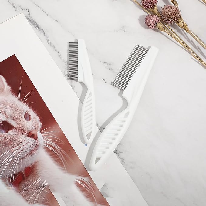 TIESOME 2PCS Stainless Steel Flea Comb for Dogs Cats, Tear Stain Remover Promotes Hair Growth Removes Loose Hair Fleas Dual-Size Groom Brush for All Breeds