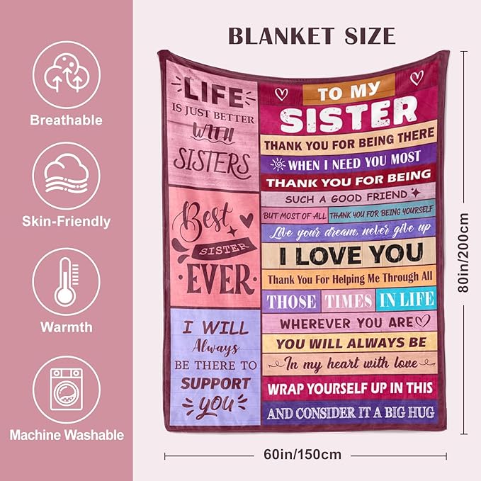 Sister Birthday Gifts - Sisters Gifts from Sister Adult - Sisters Blankets Gift for Women - Best Sister’s Ever Gift for Christmas Mothers Day & Valentines Day - to My Sister's Blanket 60"x80"