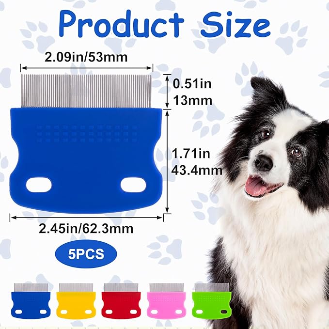 5pcs Flea Comb for Pets, 5 Colors Stainless Steel Dog Cat Grooming Tool, Portable Gentle Flea Lice Tear Stain Remover Combs for Facial Eye Gunk Cleaning