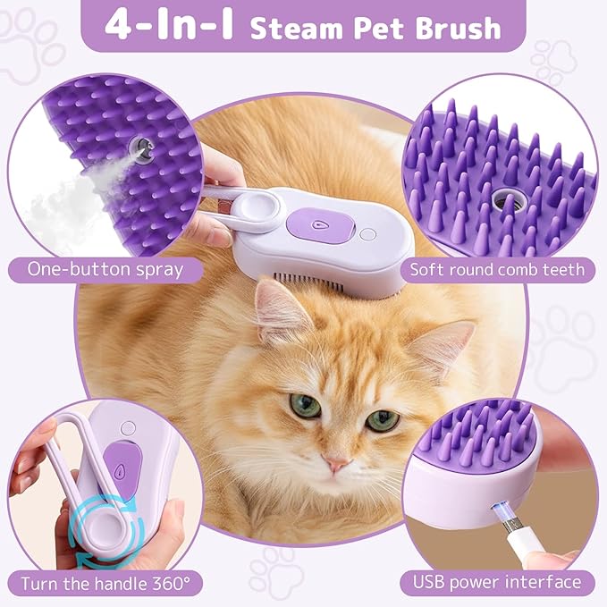 Steam Brush for Cats& Dogs,Pet Steam Brush,4-in-1,Rechargeable Grooming Tool for Cats & Dogs, Anti-Static Design, Delivers Massage, Deep Cleansing, Shedding Control & Styling-Orange