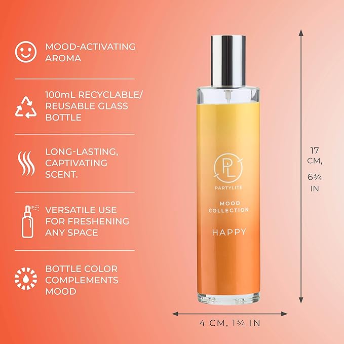 PartyLite Happy Scented Room Spray, 100mL, with Notes of Madagascar Mandarin and Orange Peel, Part of The Mood Collection, Citrus & Floral, Perfect for Gifting