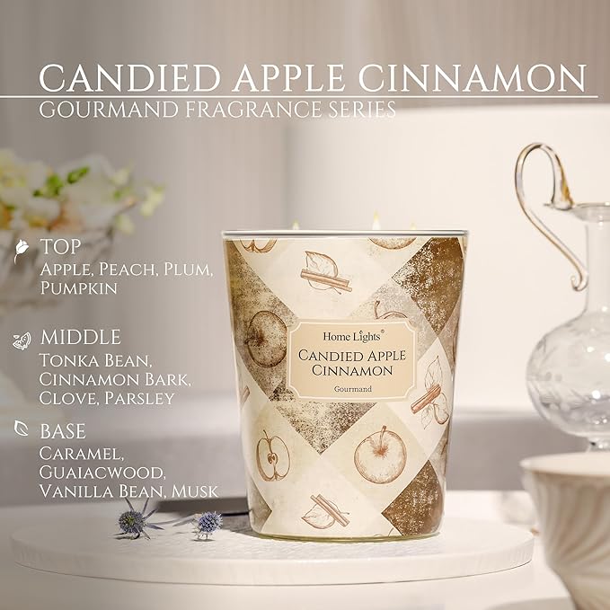 HomeLights 3-Wick Candles for Home Scented - 34oz Soy Wax Blend Candle Long-Lasting Fragrance, Rustic Modern Home Decor and Housewarming Gifts, Candied Apple Cinnamon