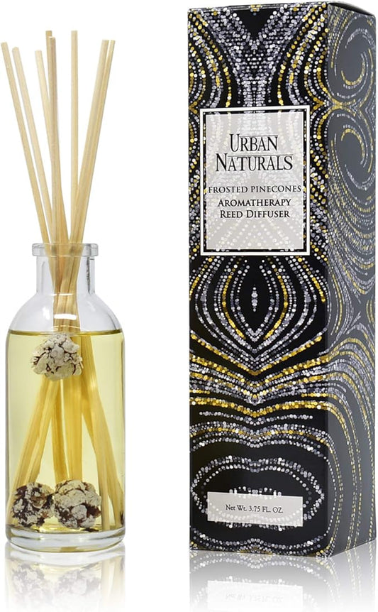 Urban Naturals Frosted Pinecones Holiday Scented Reed Diffuser Oil Gift Set | Pine, Cinnamon, Clove, Cedar Wood, Sandalwood and Vanilla Bean Scent Notes - 3.75 Ounces - Vegan - Made in The USA