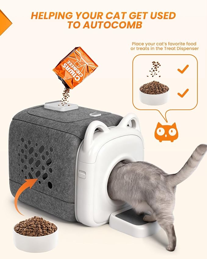 automatic cats self groomer - 360° Surround Skin Friendly cat grooming supplies,Cat Brushes with biomimetic cat tongue brush Include And Smart feeder For Long, or Short Haired [White]
