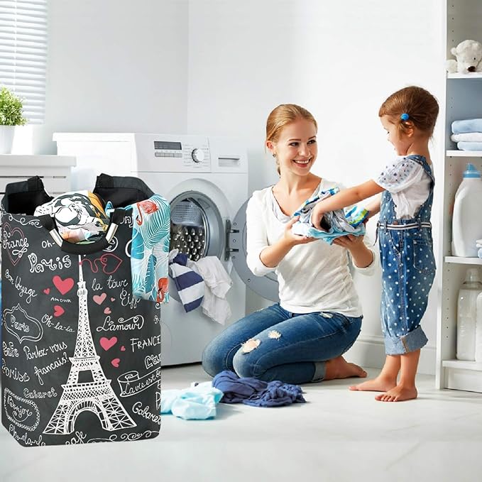 visesunny Large Capacity Laundry Hamper Basket Eiffel Tower France Paris Love Oxford Cloth Storage Baskets for Bedroom, Bathroom, Dorm, Kids Room