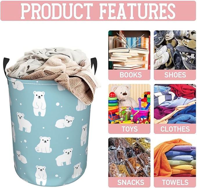 Cute Polar Bears Laundry Hamper Bag With Waterproof Liner - Round Laundry Basket Foldable Clothes Storage Organizer For Bathroom Bedroom Nursery Dorm, S-16.5"X 13.8"