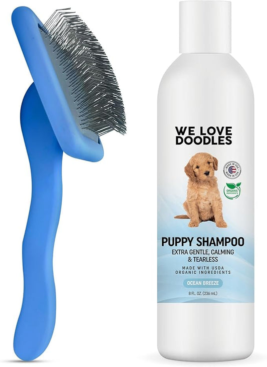 We Love Doodles Puppy Shampoo & Conditioner and Dog Slicker Brush | Organic Ingredients | Tear Free | Sensitive & Itchy Skin Wash | Brush for Grooming Pet Hair | Pin Brush for Dematting | Made in USA