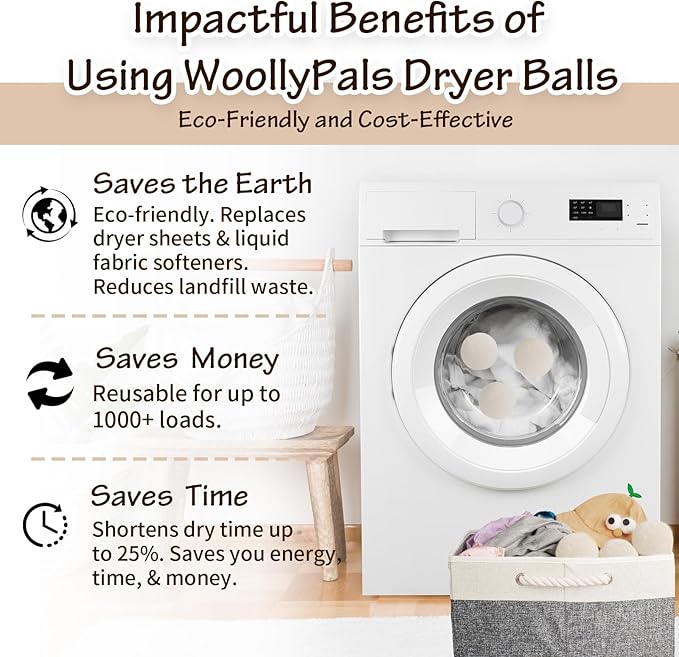 WoollyPals Dryer Balls (6-Pack, XL Size) - 100% New Zealand Wool - No More Dryer Sheets - Eco Dryer Balls - Reusable - Softens Laundry - Reduces Drying Time & Static - with Storage Bag (Plain White)