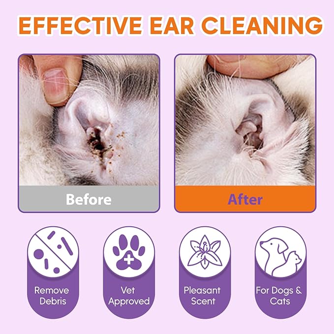 Dog Ear Cleaner Kit - Dog Ear Finger Wipes and Ear Cleaner Solution for Dogs and Cats, Gently Remove Ear Wax & Debris, Soothe Ear Itching, Deodorize, Pet Ear Wash with Aloe Vera & Witch Hazel