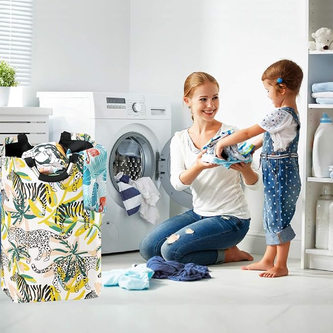 visesunny Collapsible Laundry Basket Tropical Leopard Zebra Animal Large Laundry Hamper with Handle Toys and Clothing Organization for Bathroom, Bedroom, Home, Dorm, Travel