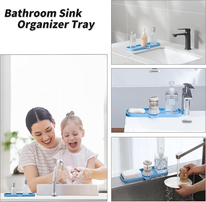 Silicone Bathroom Soap Dishes with Drain Spout-Bathroom and Kitchen Sink Organizer,Sponge Holder,Dish Soap Tray,Perfect for Dispenser,Scrubber,Bottle on Sink or Counter-Light Blue 12"×4"
