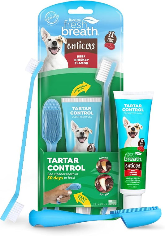 TropiClean Fresh Breath Oral Care Kit - Soft Bristle Finger Toothbrush - Dog Tooth Brushing Kit - Beef Brisket Flavor Dog Toothpaste