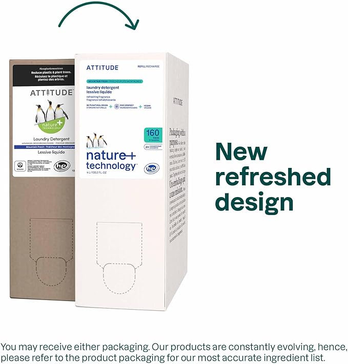 ATTITUDE Liquid Laundry Detergent Refill, EWG Verified, HE Compatible, Plant-Based & Vegan, Natural Laundry Soap, Mountain Fresh Scent, 160 Loads, 135.26 Fl Oz (Pack of 2)